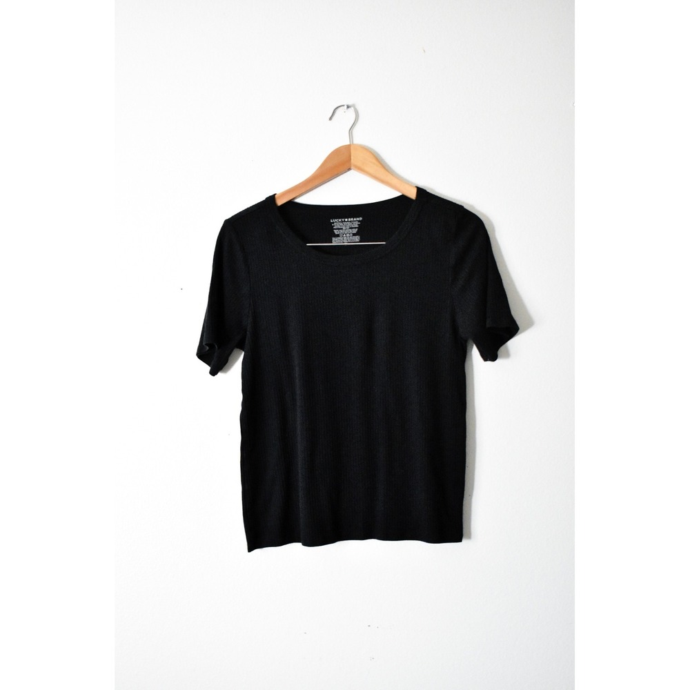 Lucky Brand Ribbed Tee Women Medium Black Modern Scoop Neck Short Sleeve SKU86